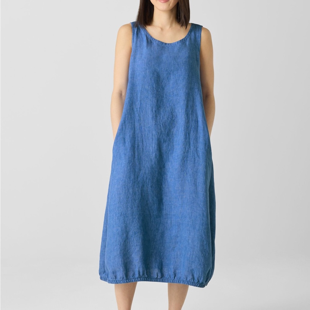 Eileen Fisher 100% Linen Blue Midi Dress size Large